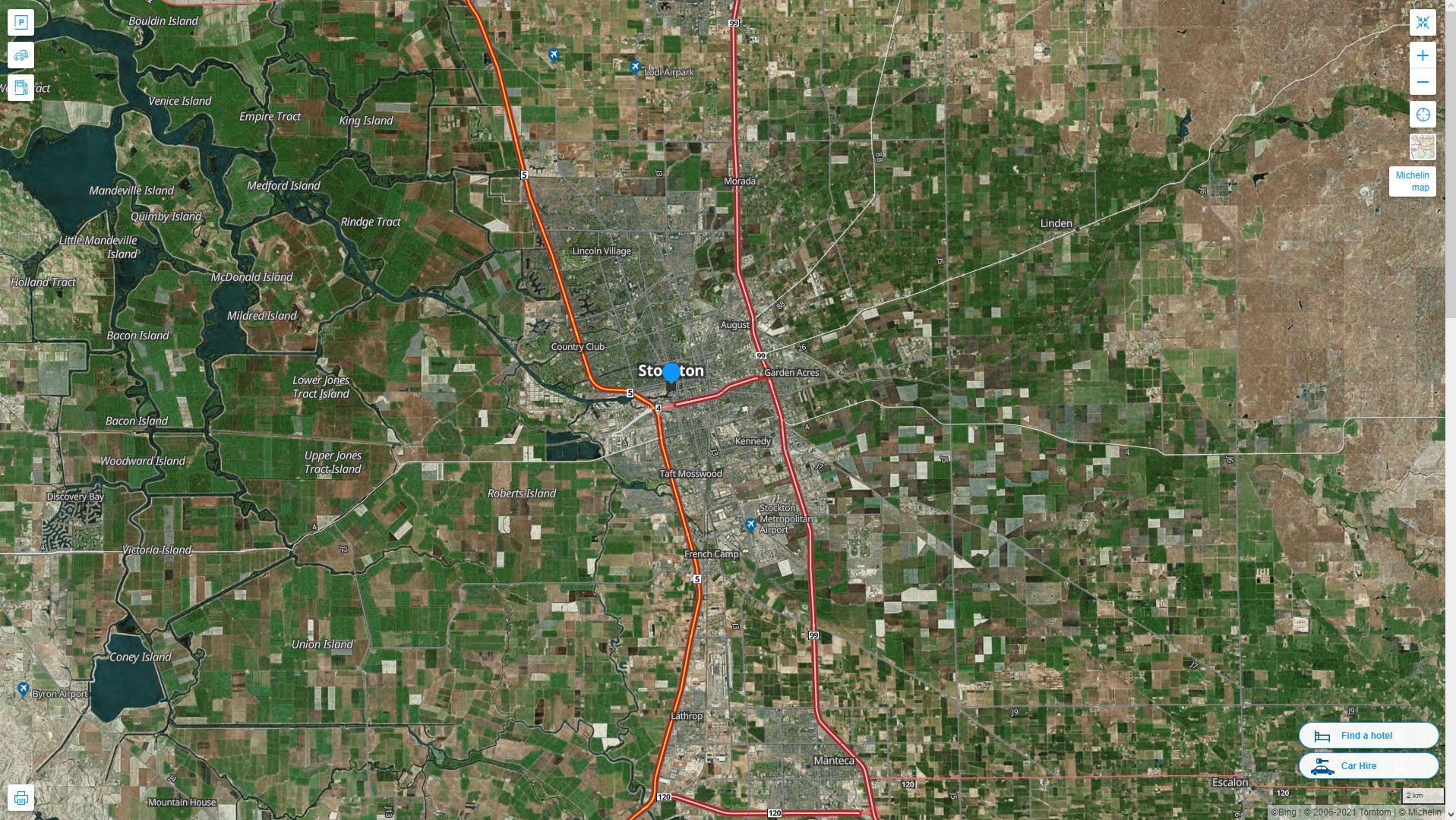 Stockton California Highway and Road Map with Satellite View